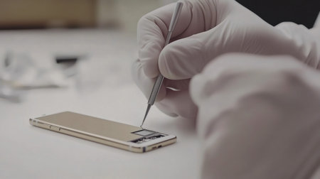 Close up of a technician's hands wearing gloves and using tweezers to repair the charging port of a smartphoneの素材