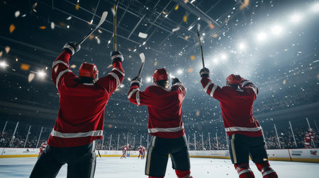 Professional hockey players raising their sticks in victory after winning a hard fought match in a crowded arenaの素材