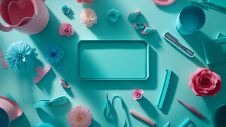 Turquoise desk with a tablet and spring flowers surrounding, perfect for a feminine and creative workspaceの素材