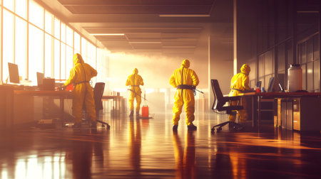 Professional cleaning crew wearing hazmat suits disinfecting office using sprayersの素材