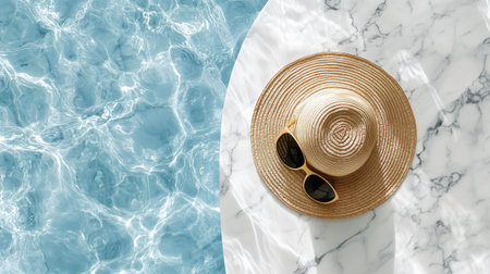 Straw hat and sunglasses are laying on a marble surface next to refreshing blue water, evoking a sense of summer relaxationの素材