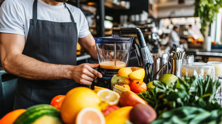 Bartender using blender to make smoothie with fresh ingredients, promoting healthy eating habits in a cafe settingの素材