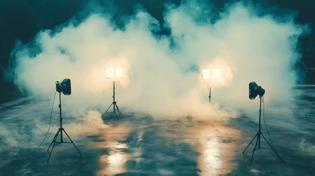 Spotlights illuminating a smoky photography set with wet asphalt floorの素材