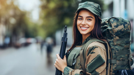 Portrait of a smiling female soldier in camouflage uniform holding a rifle and carrying backpack in a city streetの素材