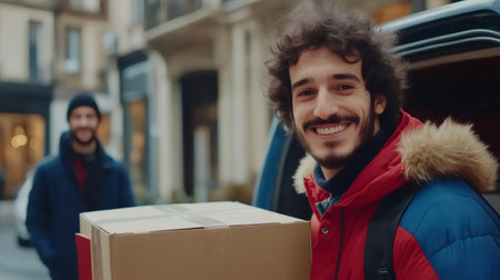 Smiling delivery man loading cardboard boxes into car trunk on a city streetの素材