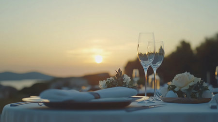 Romantic dinner setting with wine glasses and flowers on a table overlooking the sea at sunsetの素材