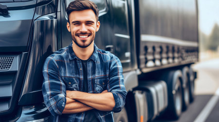 Young truck driver smiling with arms crossed, standing proudly in front of his semi truck, representing transportation and logisticsの素材