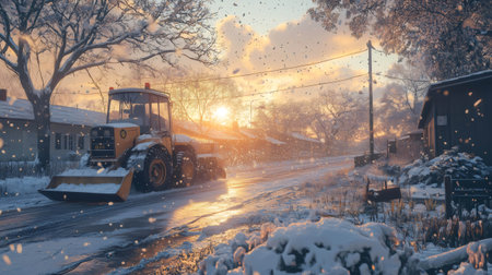 Tractor clearing snow from road at sunset in countryside during snowfallの素材