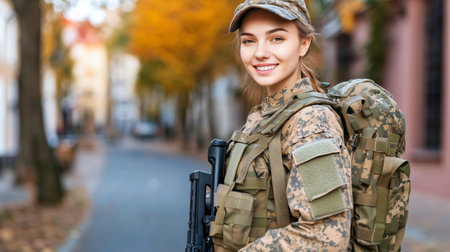 Portrait of a smiling female soldier wearing camouflage uniform, carrying a backpack and holding a rifle in urban environmentの素材