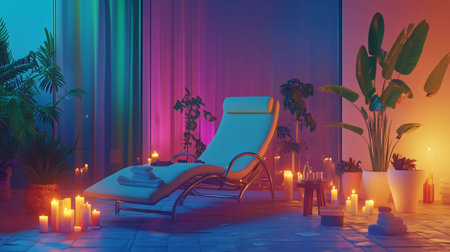Luxurious solarium with neon lights, candles and plants creating a relaxing atmosphereの素材
