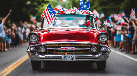 Red vintage car driving in a fourth of july parade with spectators waving american flagsの素材