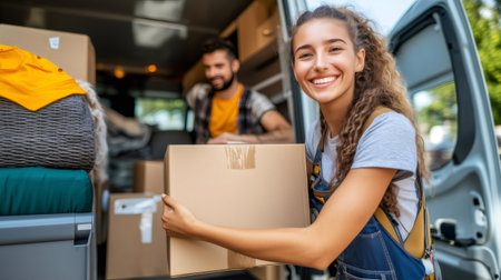 Two delivery people loading cardboard boxes into a van, delivery and relocation conceptの素材