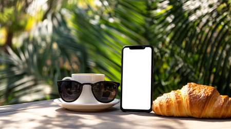 Smartphone with blank screen displaying on table with coffee and croissant in tropical gardenの素材