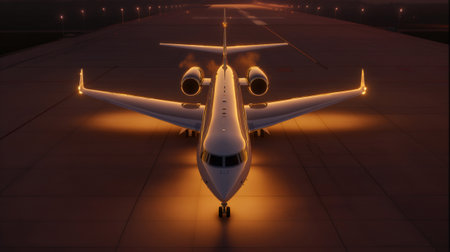 Modern private jet parked on the tarmac at sunset with navigation lights on, ready for takeoffの素材