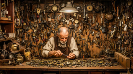 Senior locksmith carefully examining keys at his workbench in a dimly lit workshop, surrounded by tools and various vintage itemsの素材