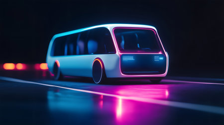 Autonomous electric shuttle bus driving on a futuristic neon lit road at nightの素材
