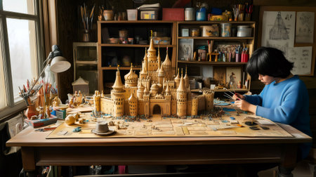 Miniature artist carefully adding details to a large castle model in her well equipped studioの素材