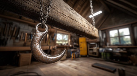 Rusty metal hook hanging from a wooden beam in a workshop, creating a rustic and industrial atmosphereの素材