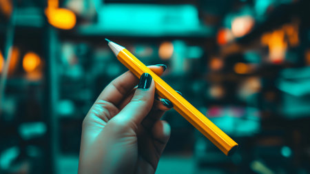 Hand holding a yellow pencil in an art studio, ready to createの素材