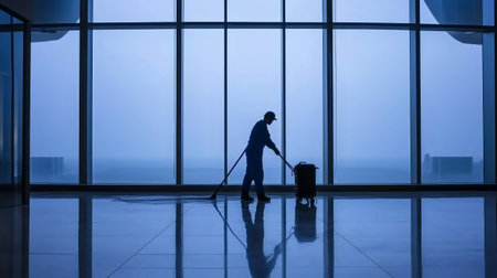 Silhouette of a cleaning worker mopping the floor in a modern building with big windows reflecting the blue light of duskの素材