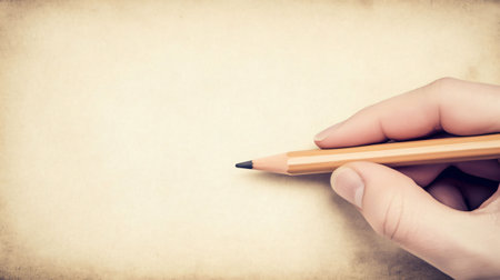 Hand holding a pencil about to start drawing or writing on a blank sheet of paper, vintage effectの素材