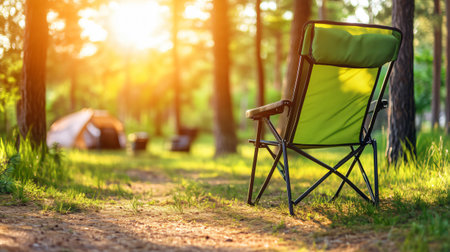 Comfortable camping chair placed in a campsite during golden hour, creating a peaceful and relaxing atmosphereの素材