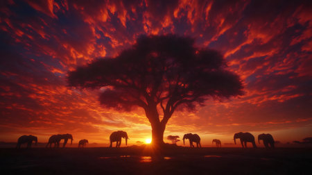 Herd of elephants passing under an acacia tree at sunset in the African savannaの素材