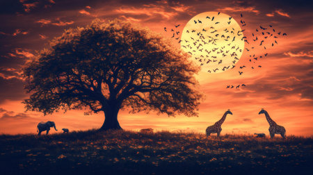 African wildlife enjoying beautiful sunset in savanna landscape with acacia tree and flying birdsの素材
