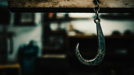 Close up of a metal hook hanging from a wooden beam in a workshop, creating a contrast between rustic and industrial elementsの素材