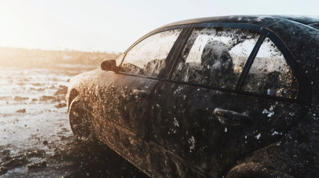 Mud covered car parked on a muddy field during a beautiful sunsetの素材