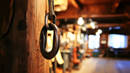 Close up of a shiny metal hook hanging from a rustic wooden beam in a traditional workshop, creating a contrast between old and newの素材