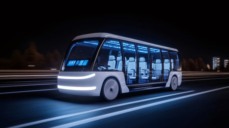 Futuristic driverless shuttle bus driving on a highway at night, eco friendly transportation conceptの素材