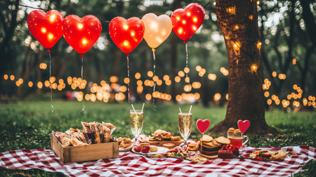 Romantic picnic setting under tree decorated with heart balloons and string lightsの素材