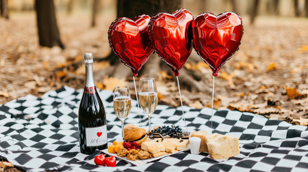 Romantic picnic setup is waiting for a couple to arrive and celebrate their loveの素材