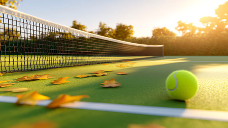 Tennis ball and autumn leaves on a tennis court during a beautiful sunriseの素材