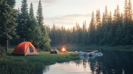 Campfire is burning next to a tent and canoe by a lake surrounded by forest at sunsetの素材