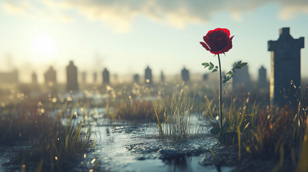 Single red rose growing in a cemetery filled with tombstones, symbolizing remembrance and hopeの素材
