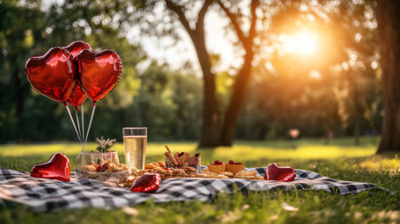 Romantic picnic setting waiting for lovers at sunset in a public park with red heart shaped balloonsの素材