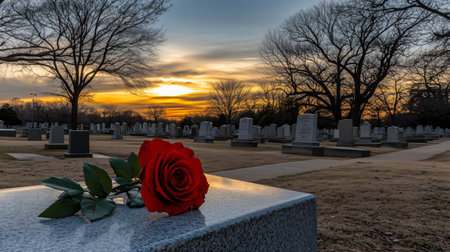 Single red rose lies on a gravestone in a cemetery, bathed in the warm light of the setting sunの素材