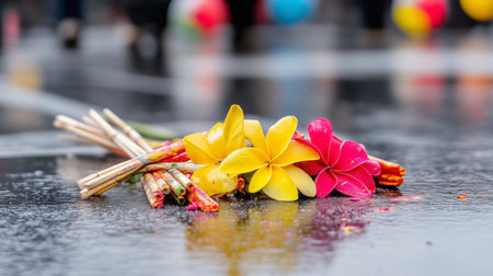 Colorful frangipani flowers and powder laying on wet street after holi celebration in indiaの素材