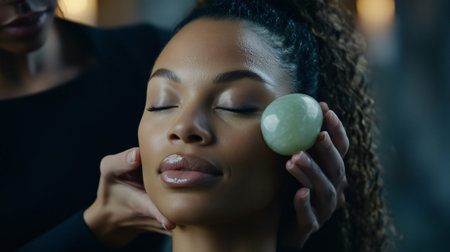 Beautician performing a facial massage with a gua sha stone on a young woman with closed eyesの素材