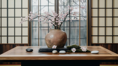 Serene ikebana composition with cherry blossom branch in rustic clay vase, moss, stones, and shoji screen, embodying japanese aestheticsの素材