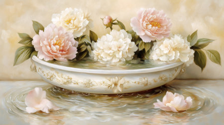 Beautiful pink and white peonies floating in a decorative bowl, creating a serene and elegant atmosphereの素材