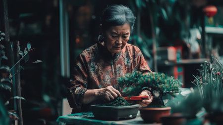 Senior East Asian woman carefully trimming bonsai tree in outdoor gardenの素材