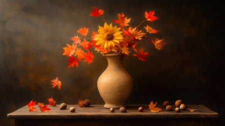 Rustic ikebana flower arrangement with sunflower, maple leaves, acorns, and pine cones celebrates the warm colors of autumnの素材
