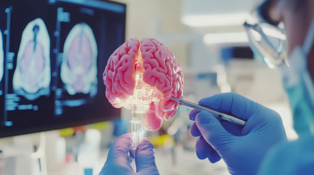 Scientist wearing gloves using surgical tools examining brain implant prototype with brain scans displayed on monitor in backgroundの素材
