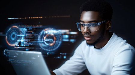 Scientist working on futuristic holographic interface, developing new technologyの素材