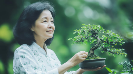 Senior East Asian woman tending to a bonsai tree in a vibrant, green gardenの素材