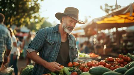 Bearded senior farmer selecting tomatoes and cucumbers at sunset at a vibrant outdoor farmers marketの素材