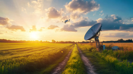 Satellite dish and a drone exchange data in a picturesque countryside setting, bathed in the warm glow of a golden sunsetの素材